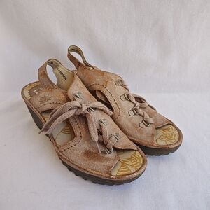 Fly London YLFA Wedge Sandals Metallic Leather Tan Beige Pearl Lace‎ Open Toe 39